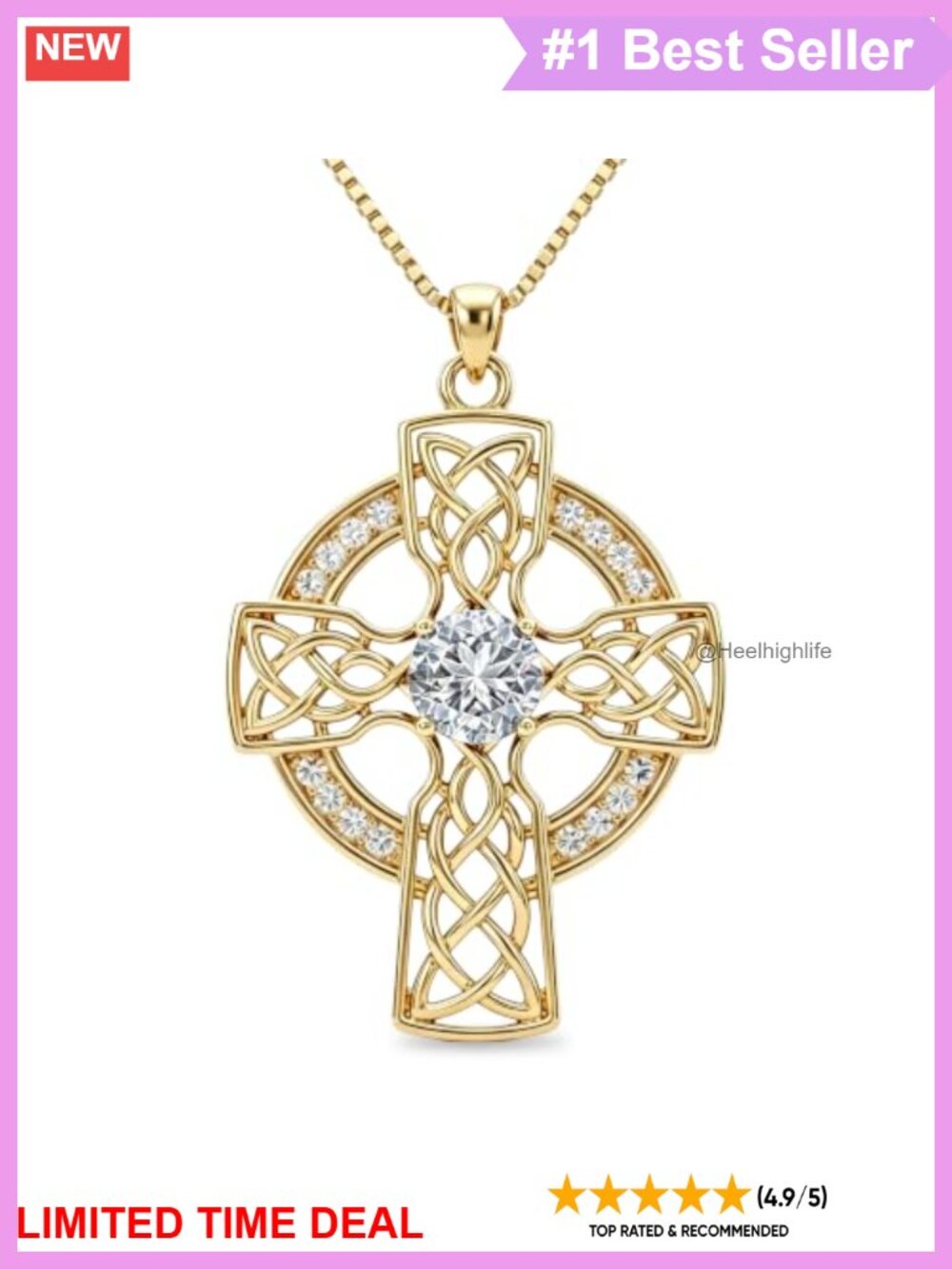 14K Gold Plated Celtic Knot Cross Necklace with Heart Birthstone